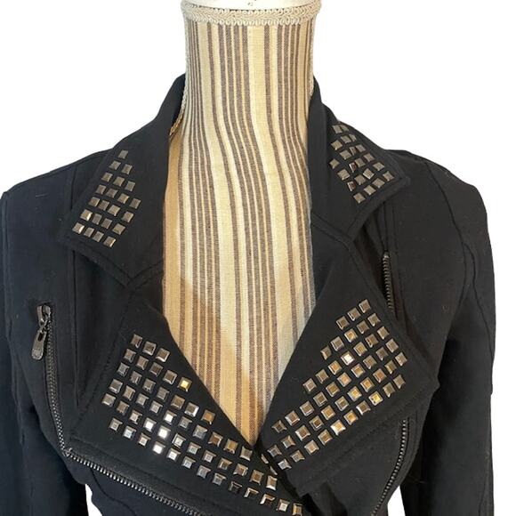 BCBGMaxAzria Black Embellished Logo Long Sleeve Full Zip Moto Jacket Women SZ MP - Picture 3 of 8